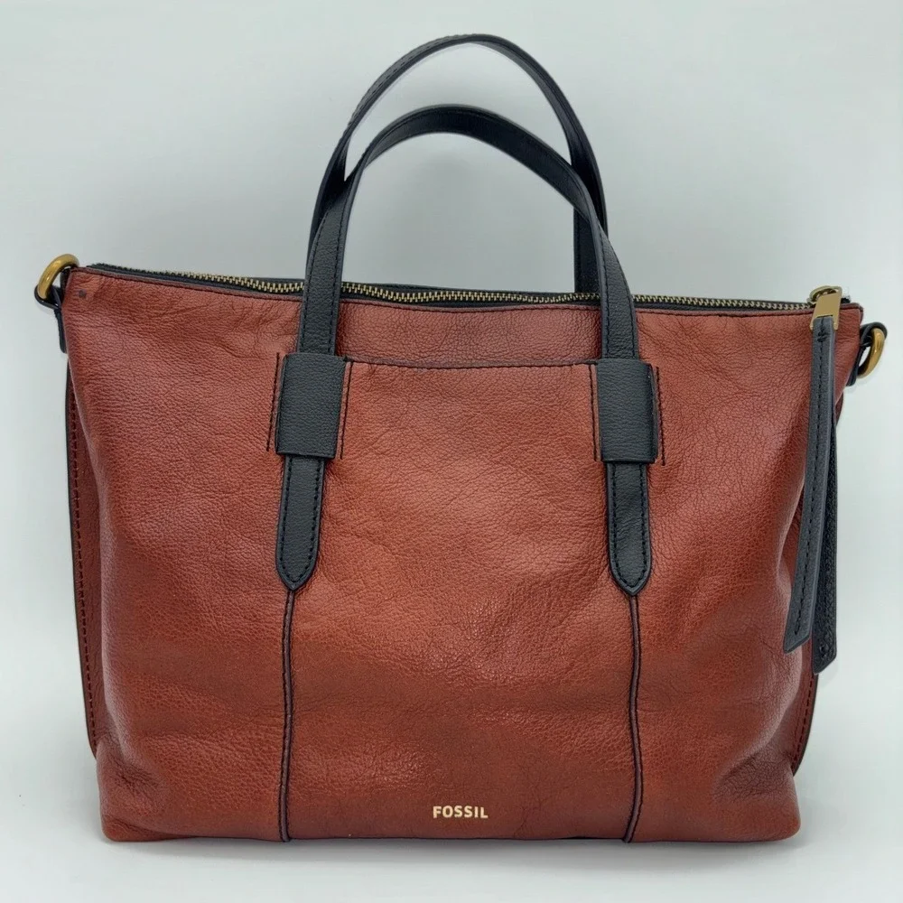 FOSSIL Satchel Brown Leather Handbag Bag‎ Black Suede Skylar RARE Brass Y2K